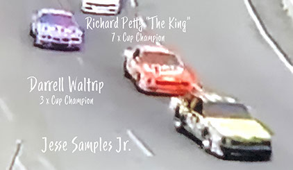 Jesse Samples Jr racing Darrell Waltrip and Richard Petty at NASCAR Winston Cup North Wilksboro 1987